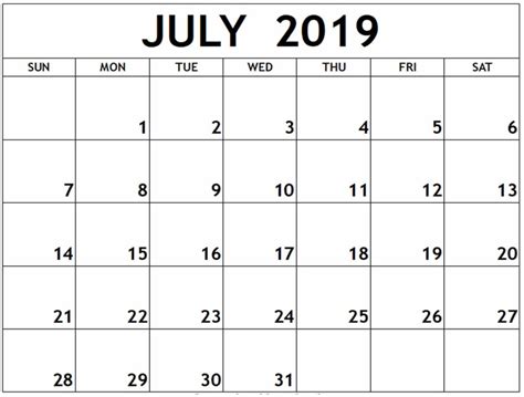 July 2019 Printable Calendar Landscape Layout Latest Printable
