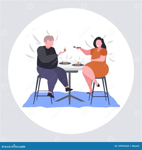 Obese Couple Eating Sweet Tasty Cake Overweight Woman Feeding Her Fat