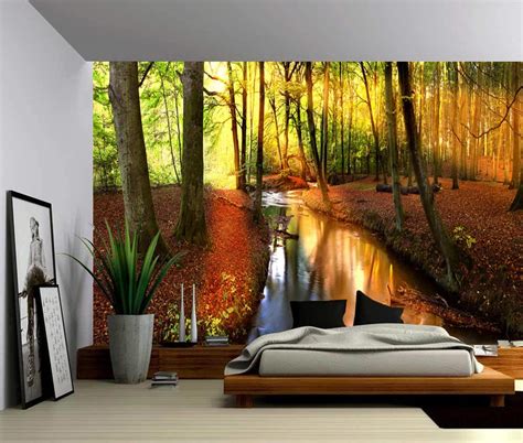 Landscape Autumn Forest Creek Self Adhesive Vinyl Wallpaper Peel And Stick Fabric Wall Decal