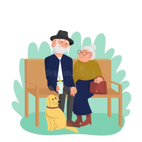 Caucasian Old Married Couple With Dog Are Sitting On Bench In Park