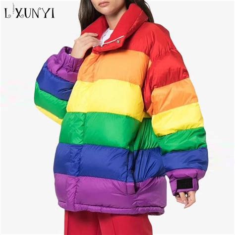 Lxunyi New Runway Winter Rainbow Patchwork Jacket Coat Women Thickening