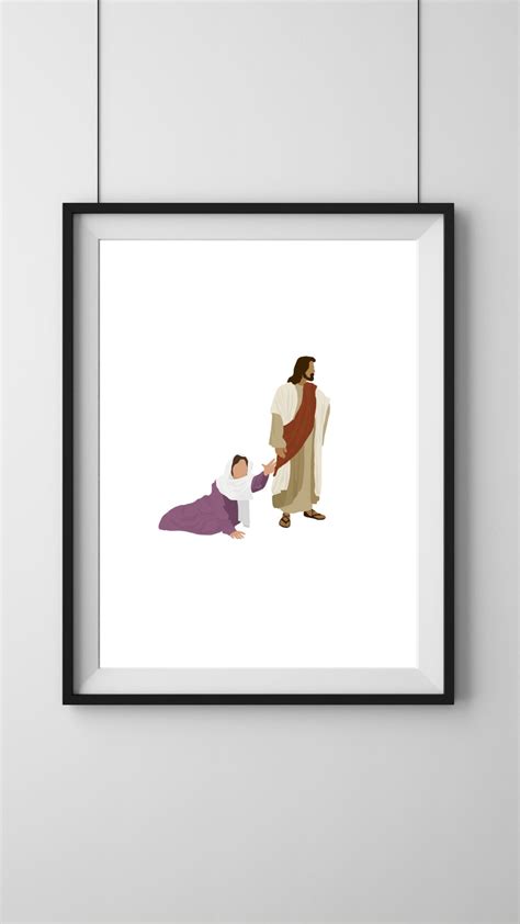 Woman Touching Jesus Garment Christian Digital Print Line Art Modern