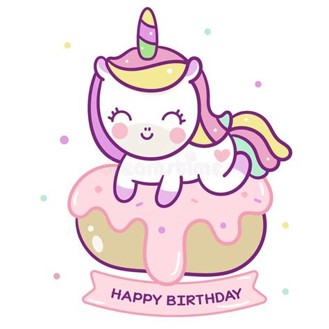 Cute Unicorn Vector Donut Cake Happy Birthday Kawaii Pony Cartoon Stock