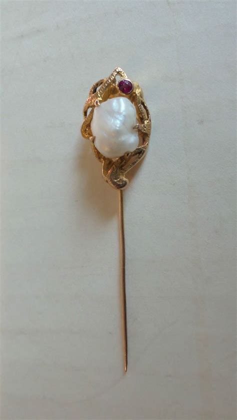 Antique Estate 14k Gold And Baroque Pearl Stick Pin With Red Gemstone