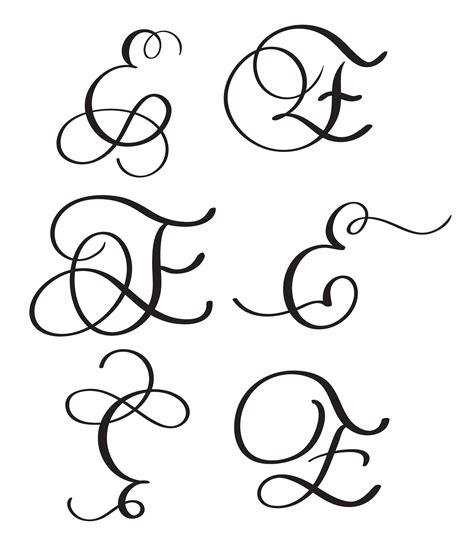 Set Of Art Calligraphy Letter E With Flourish Of Vintage Decorative