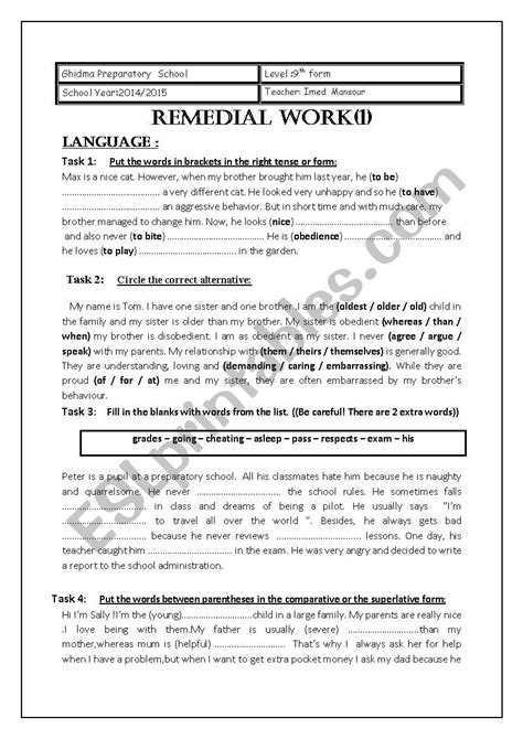 Remedial Work Th Form ESL Worksheet By Barbi I