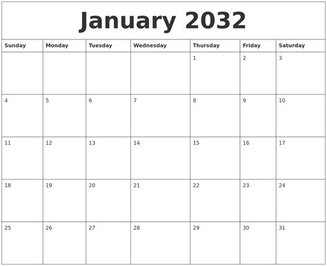 January 2032 Calendar For Printing