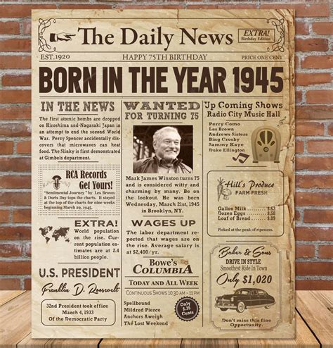 1945 Birthday Newspaper Poster For 75th Birthday 1945 Facts Etsy