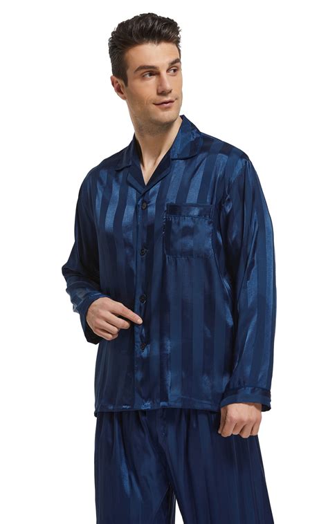 Mens Silk Satin Pajama Set Long Sleeve Navy Blue Striped Tony And Candice