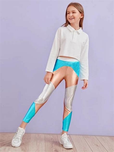 Girls Elastic Waist Colorblock Metallic Leggings Metallic Leggings