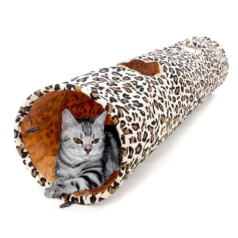 Pet Cat Tunnel Toys Leopard Print Crinkly Foldable 2 Holes Long Tunnel