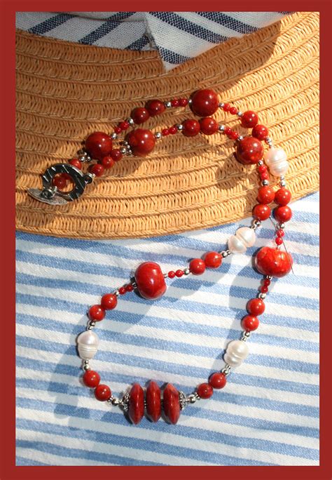 Necklace Red Coral W Freshwater Pearls In Sterling Silver A Etsy