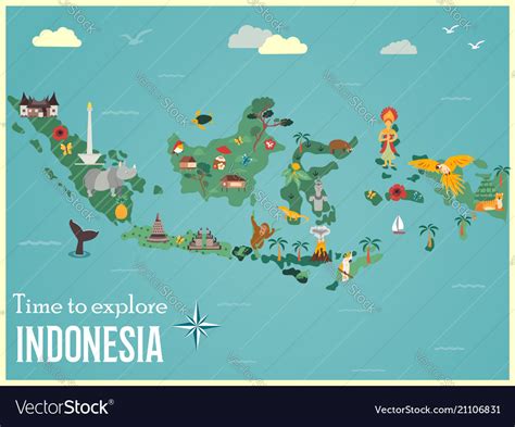 Indonesian Map With Animals And Landmarks Vector Image