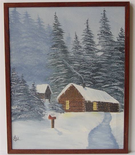 Vintage Painting Of Cabin In The Woods Snow Original And Signed Art