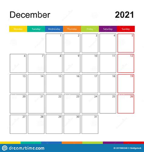December 2021 Colorful Wall Calendar Week Starts On Monday Stock