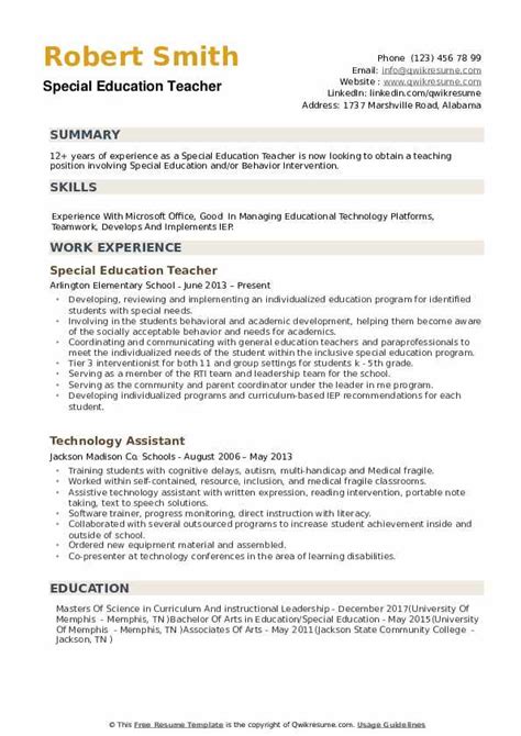 Here is a free template that you can use for writing your resume. Special Education Teacher Resume Samples | QwikResume