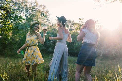 Group Of Girls Friends Making Picnic Outdoor They Have Fun Stock Image