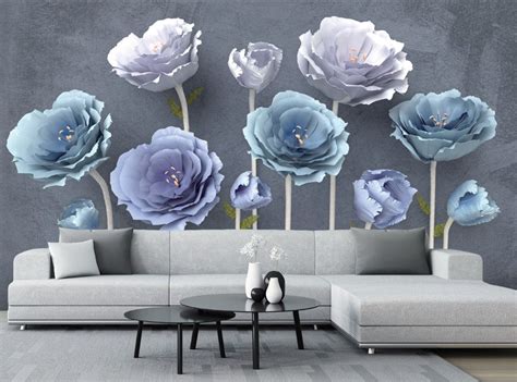 Blue Flowers Floral Wallpaper Wall Mural Bedroom Living Room Etsy