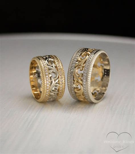 Vintage Style Two Tone Gold Wedding Bands Unique Matching Wedding Bands Filigree Wedding Rings