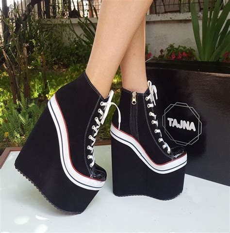 Shiny high heel shoes with with rhinestones. Super High Heel Convers Style Lace-Up Wedges - Tajna Club