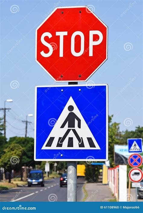 Stop Sign At The Pedestrian Crossing Stock Photo Image Of City Blue