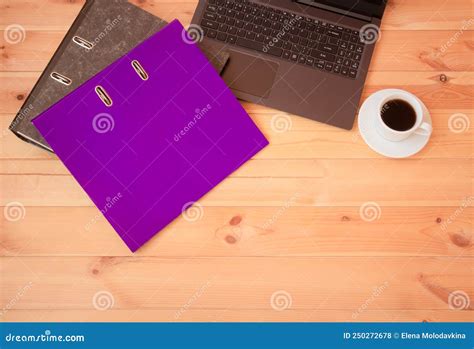 Folders Coffee Cup And Laptop Computer On Desk Stock Photo Image Of