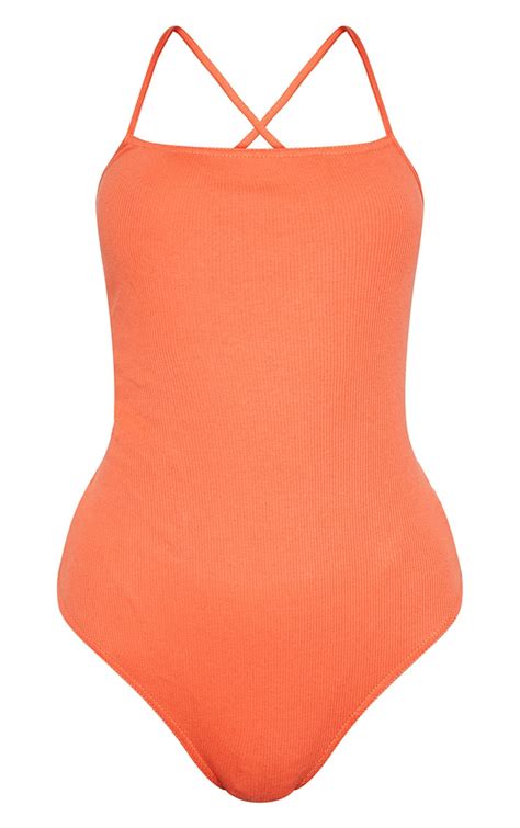 Orange Rib Strappy Back Thong Bodysuit Prettylittlething Usa