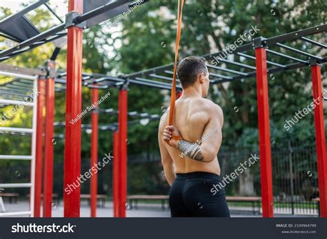 Athletic Male Athlete Naked Torso Trains Stock Photo