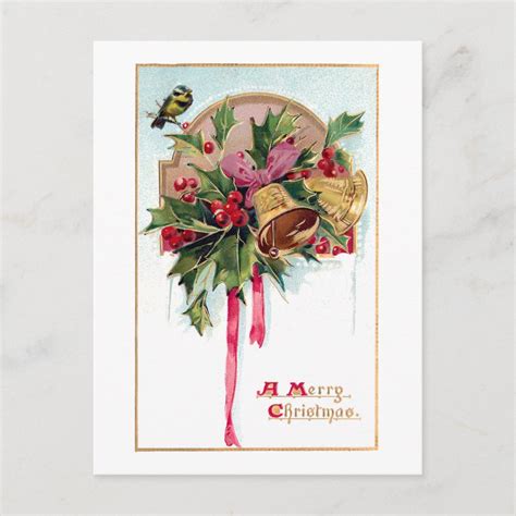 Festive Vintage Christmas Bells And Holly Postcard Zazzle