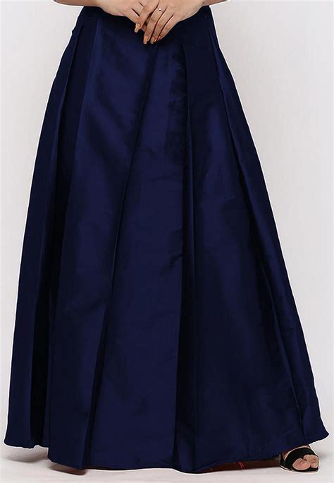 Buy Solid Color Taffeta Silk Box Pleated Skirt In Navy Blue Online