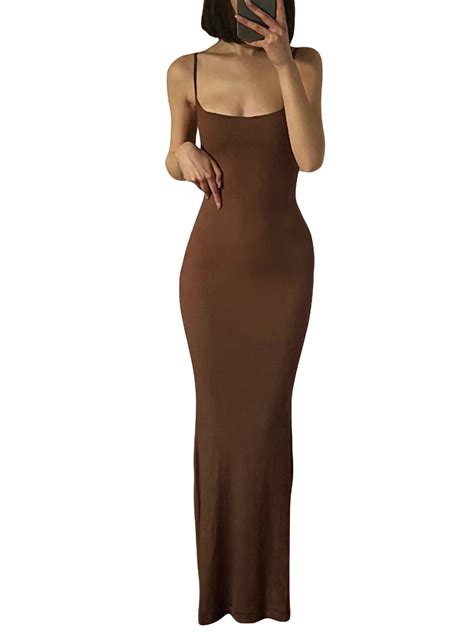 Women Sexy Bodycon Maxi Dress Ladies Low Cut Spaghetti Strap Dress Sleeveless Sling Long Dress