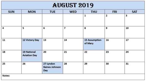 August 2019 Calendar With Holidays Us Uk Canada Australia India