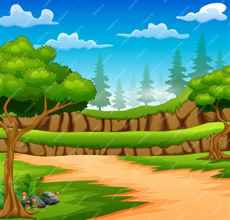 Dibujos Animados De Fondo De Bosque Con Camino De Tierra Vector Premium