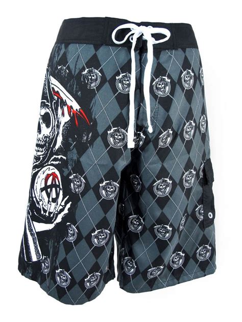 Sons Of Anarchy Black And Gray Argyle Grim Reaper Boardshorts 3499