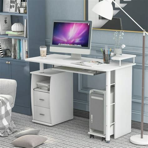 Home Office Desk With Drawers And Keyboard Tray White Modern Computer