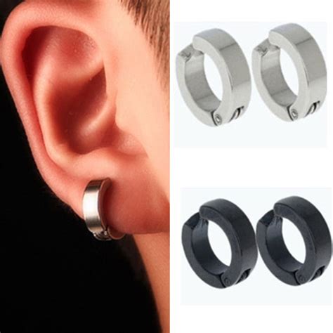 Pair Men Stainless Steel Non Piercing Clip On Ear Stud Cuff Earrings