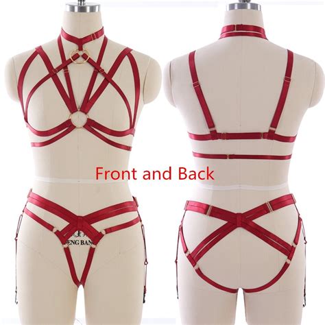 Womens Goth Sexy Red Garters Belt Set Body Harness Elastic Adjust