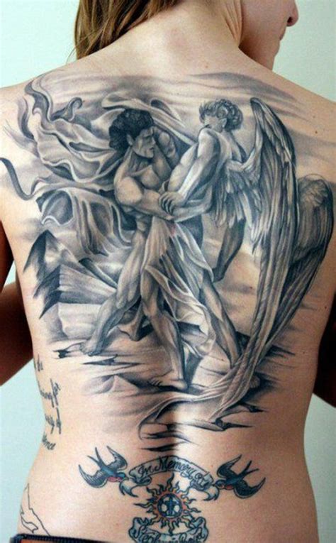 Awesome Wrestling Angel And A Demon Tattoo On Whole Back Tattoos Book