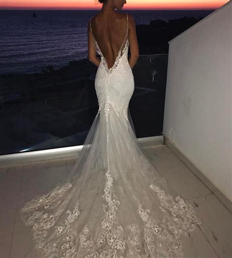 A backless wedding dress is a great choice for a bold bride. Sexy V-neck Open Back Mermaid Lace Wedding Dresses 2018 ...