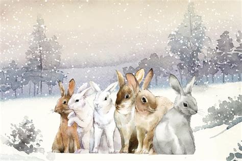Wild Rabbits In The Winter Snow Painted By Watercolor Vector Download