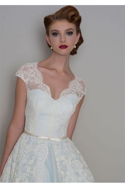 Size 20 Bella Tea Length Lace Blue Short Wedding Dress With Cap Sleeve