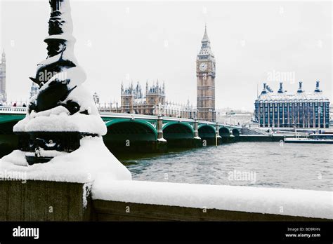 Snow On The South Bank Westminster Bridge Houses Of Parliament And Big