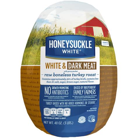 Boneless turkey roast frozen, seasoned, light and dark meat, raw 1 oz 34.0 calories 1.8 g 0.6 g 5.0 g. Honeysuckle White® Frozen White & Dark Meat Boneless Turkey Roast with Gravy, 3 lb - Walmart.com ...