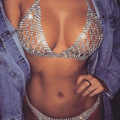 Sexy Women Lingerie Underwear Rhinestone Body Chain Bra Thong Bikini