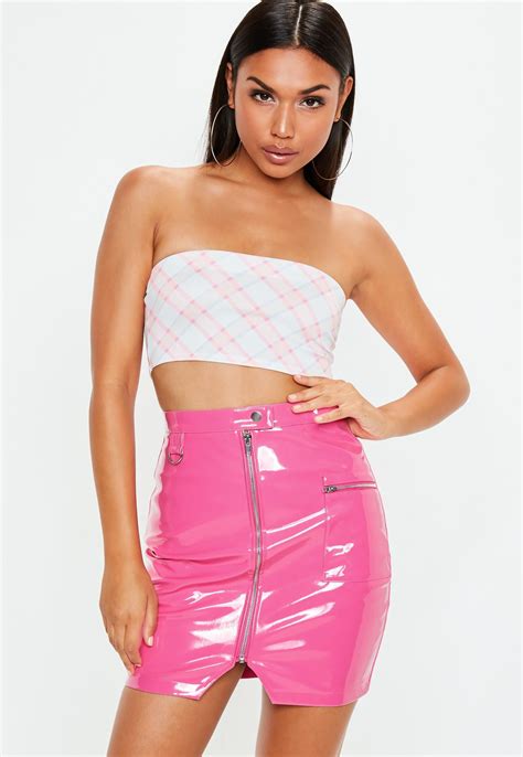 Pink Vinyl Utility High Waisted Zip Up Mini Skirt Mini Skirts Pink Leather Skirt Vinyl Mini