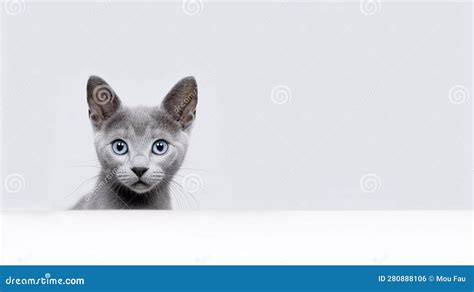 Beautiful Russian Blue Cats Sitting On White Background With Copy Space