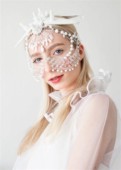 White Beaded Face Veil Headpiece Drag Queen Costume Mask Etsy