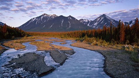 Nature Landscape Mountain Clouds Snow Water Canada Stream Trees Forest River
