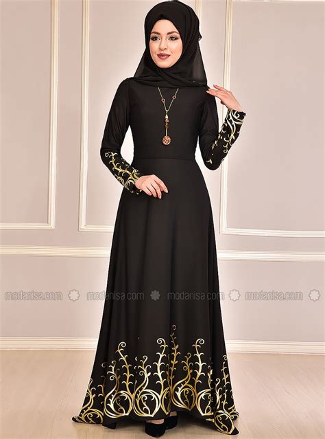 Black Multi Unlined Crew Neck Muslim Evening Dress