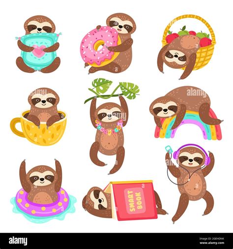 Cute Sloths Funny Sleepy Sloth Isolated Wild Jungle Character